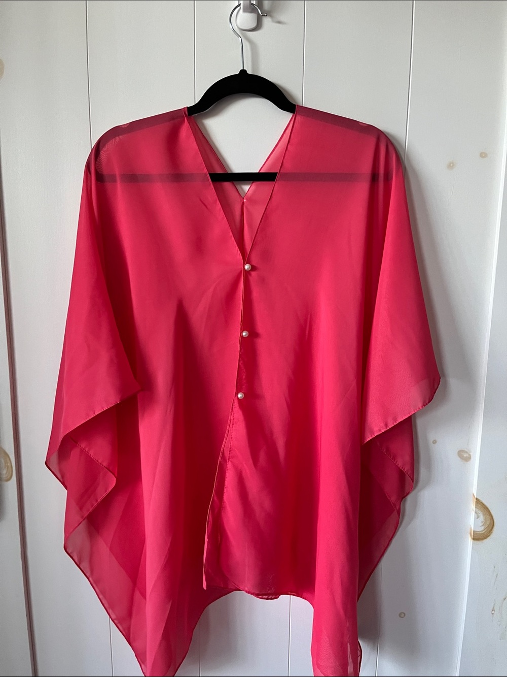 Women's Hot Coral Pink Sheer V-Neck Poncho Top with Pearl Buttons